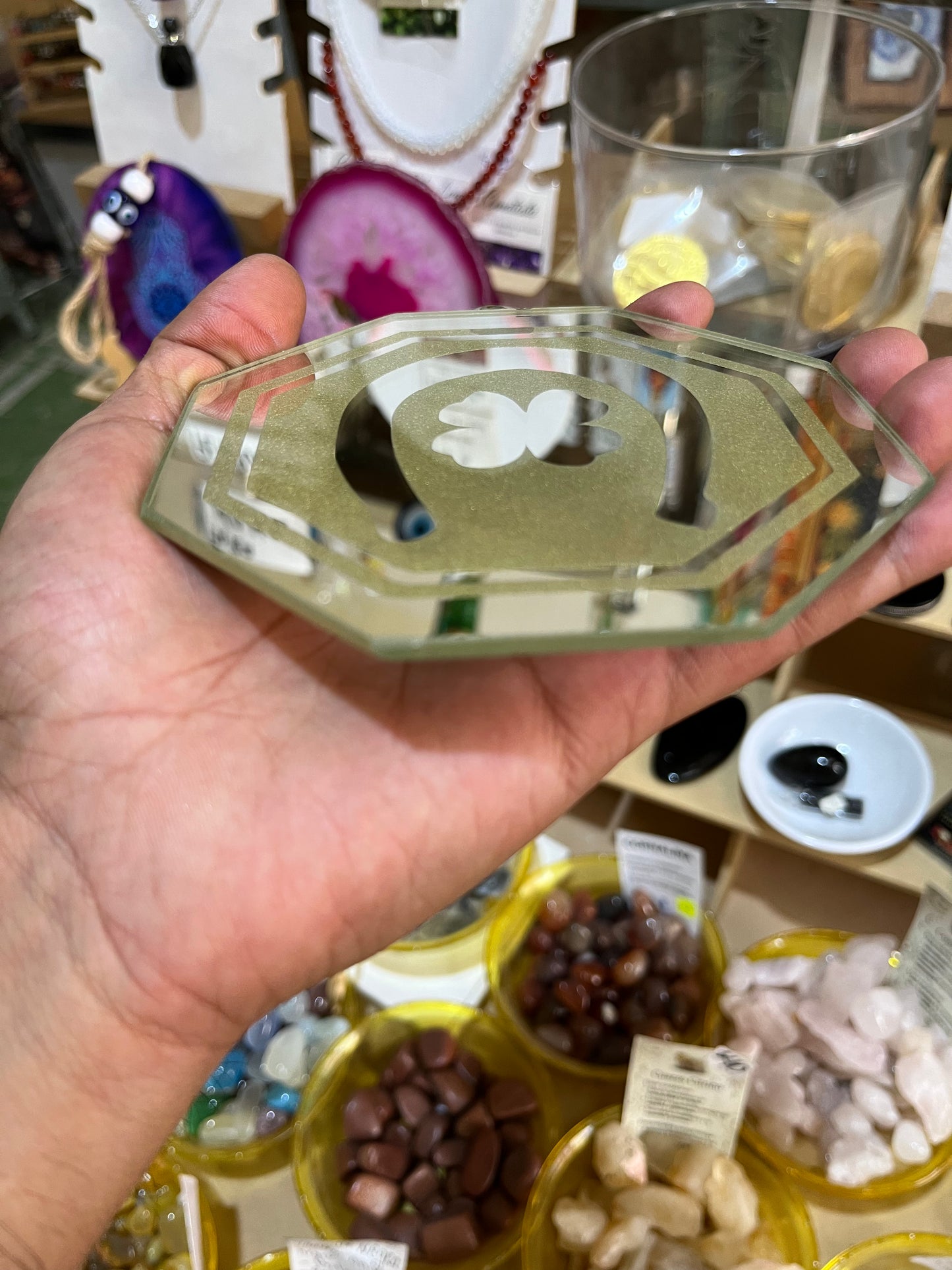 Espejo Octagonal con Herradura y Trébol - Imán de Abundancia y Protección. Mod2