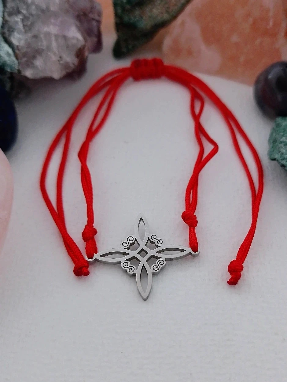 Pulsera hilo rojo - nudo de bruja acero. Mod Plata