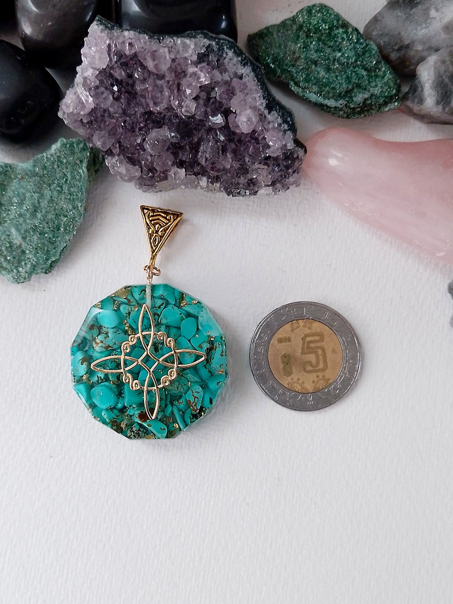 Resin orgonite with turquoise and witch's knot