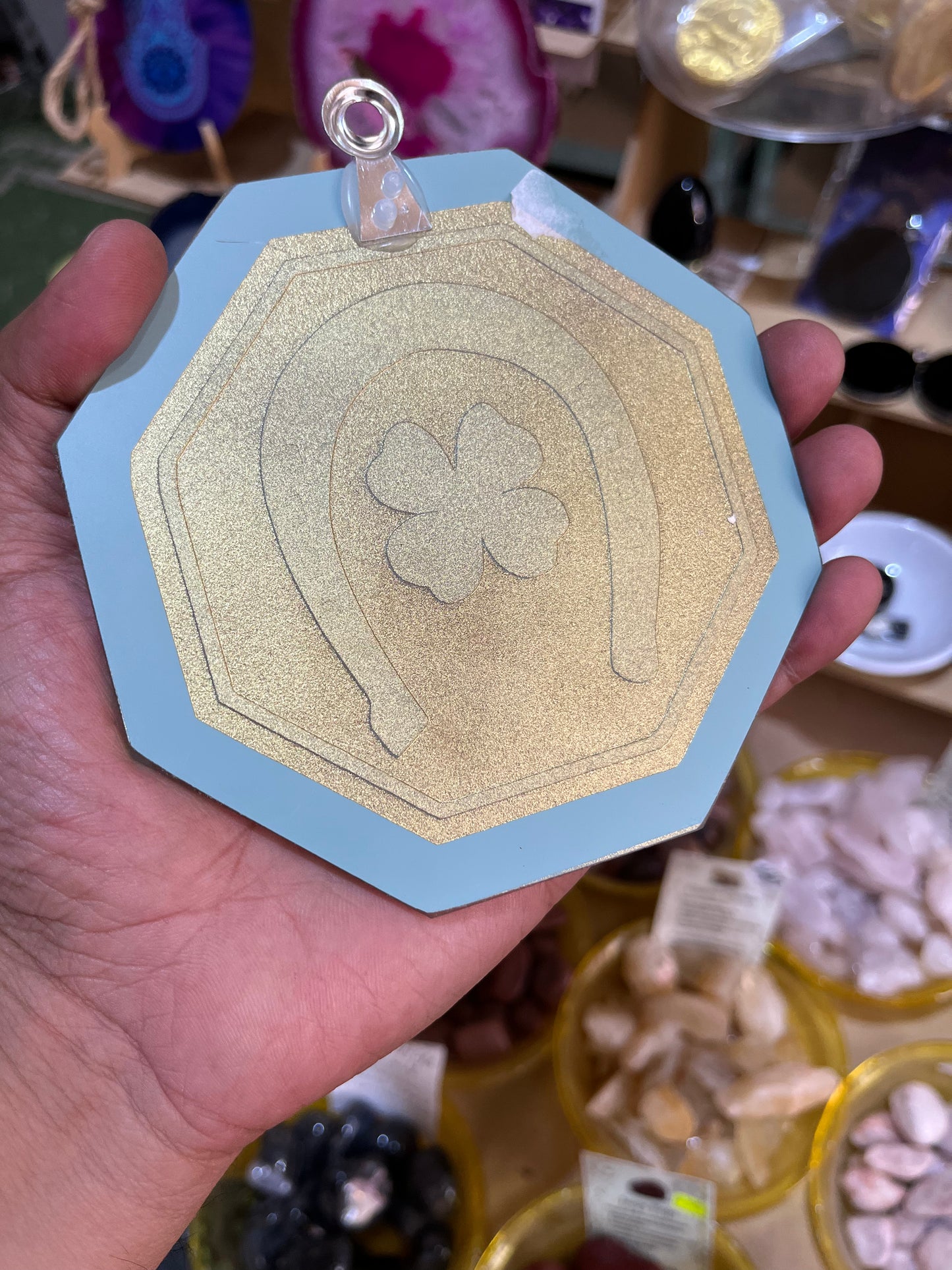 Espejo Octagonal con Herradura y Trébol - Imán de Abundancia y Protección. Mod2