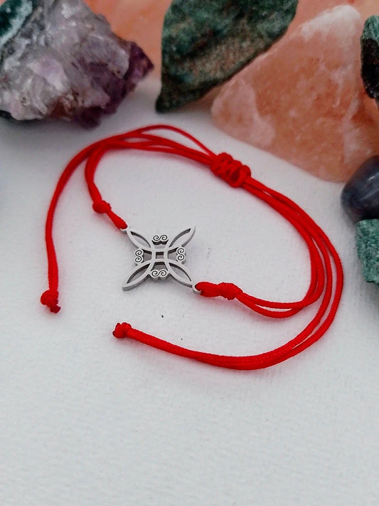 Pulsera hilo rojo - nudo de bruja acero. Mod Plata